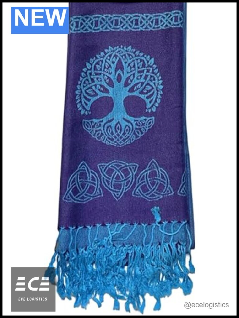 Celtic Tree of Life Trinity Knot Scarf Silk Cotton Blend Fringe Wrap